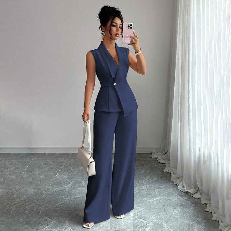 Sleeveless Blazer And Straight-leg Pants Women's Two-piece Set