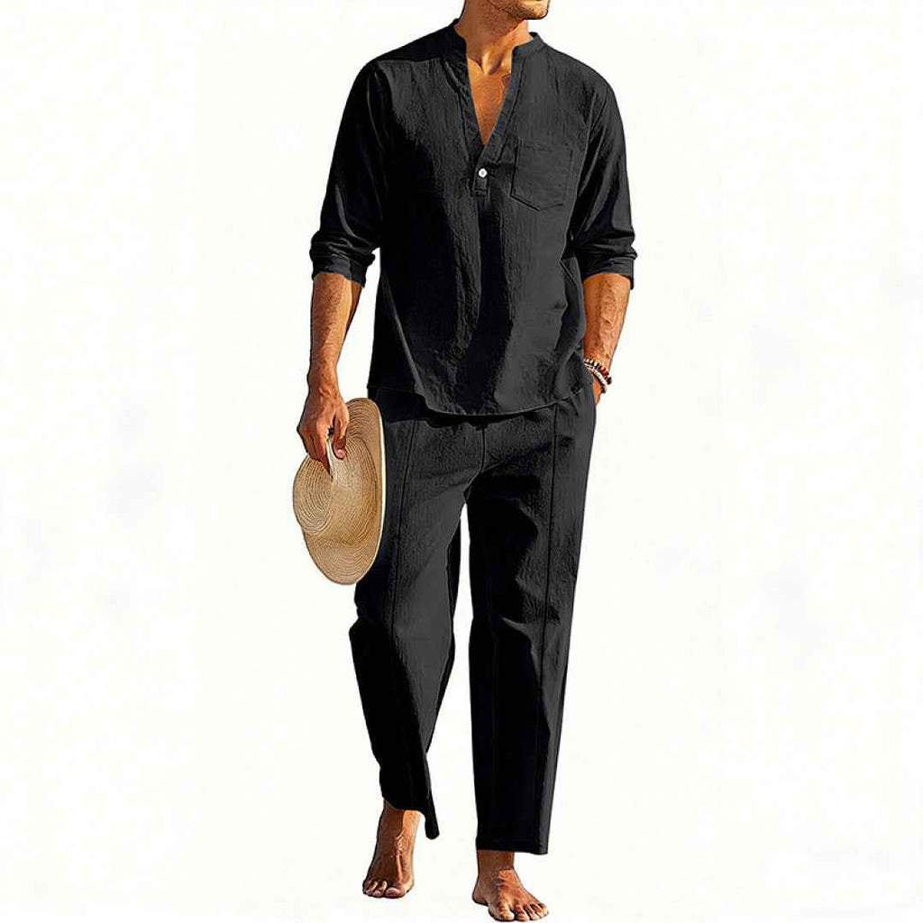 Men's Casual Henley Long-Sleeve Shirt and Straight-Leg Pants Set