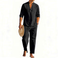 Men's Casual Henley Long-Sleeve Shirt and Straight-Leg Pants Set