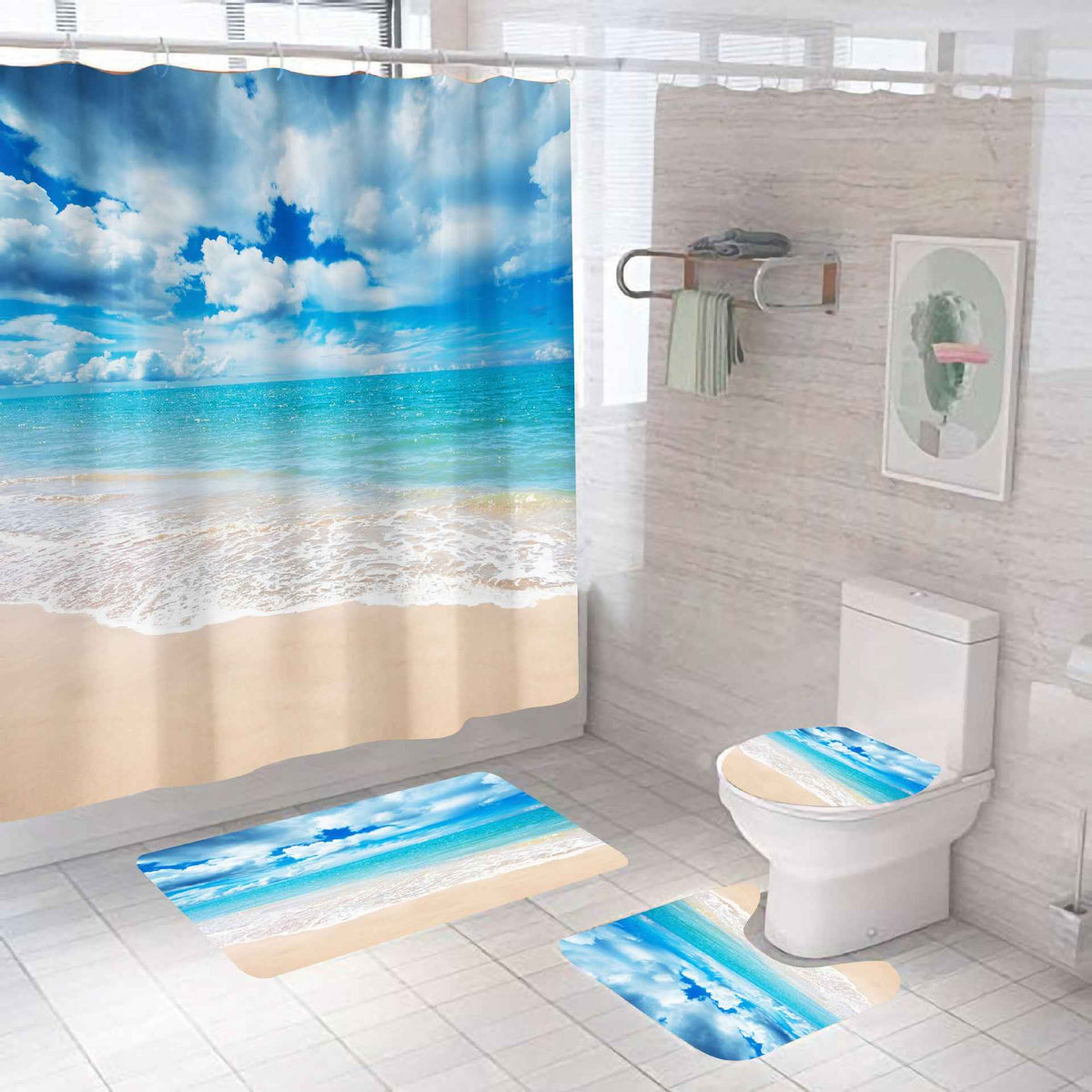 Beach Theme Bathroom Shower Curtain 4-Piece Set | Mildew-Proof & Waterproof