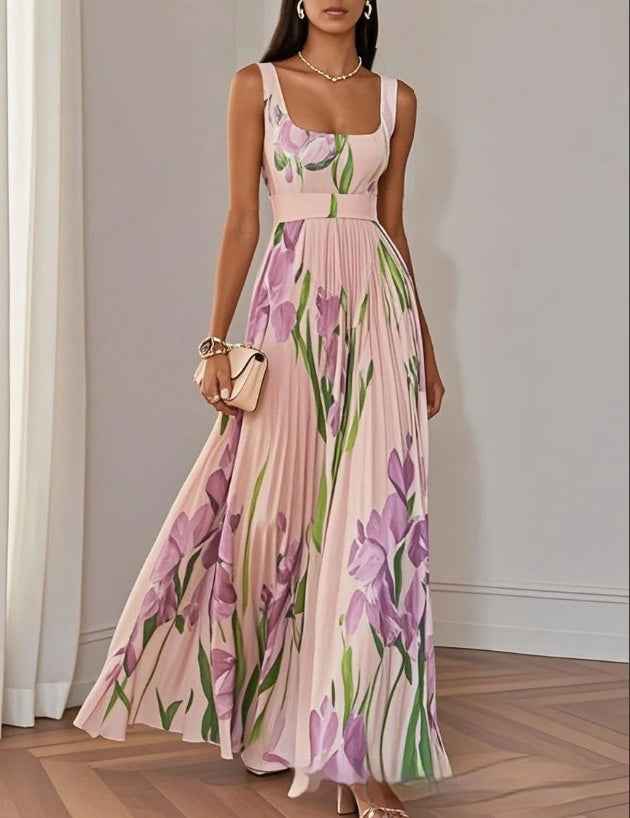 Women's Summer Floral Print Sleeveless A-Line Pleated Flowy Midi Dress