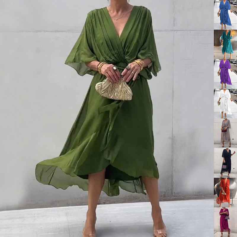 Women's Summer V-Neck Batwing Sleeve Tie-Waist Irregular Long Maxi Dress