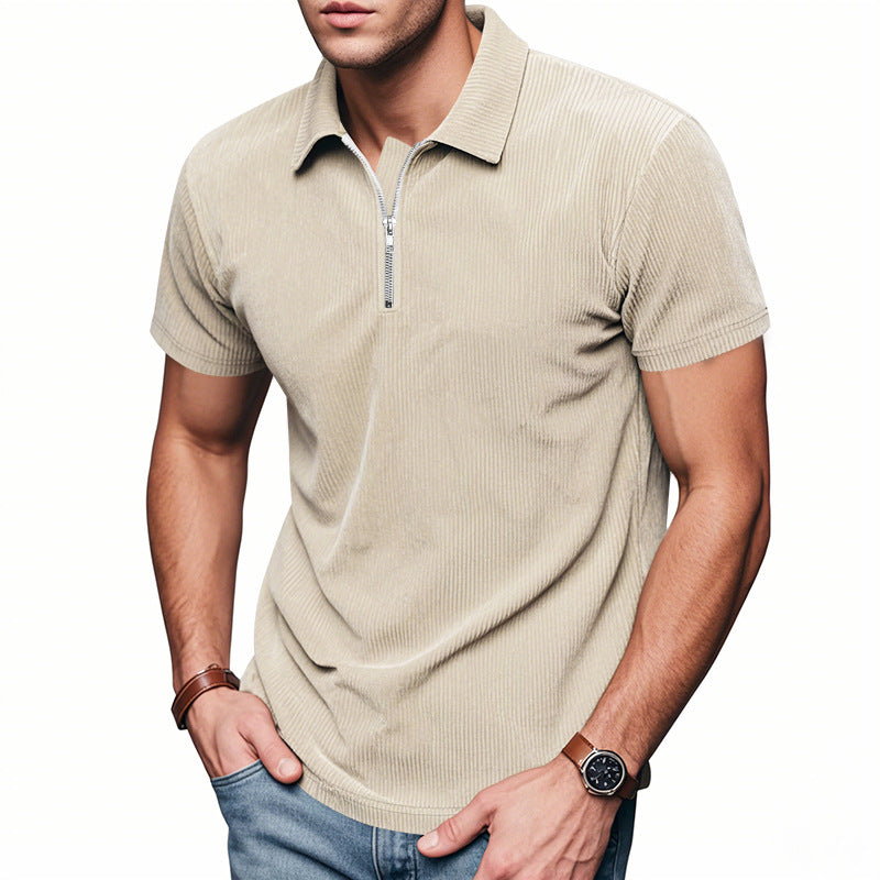Mens Loose Corduroy Half-Zip Polo Short-Sleeve T-Shirt - Shop NCLC