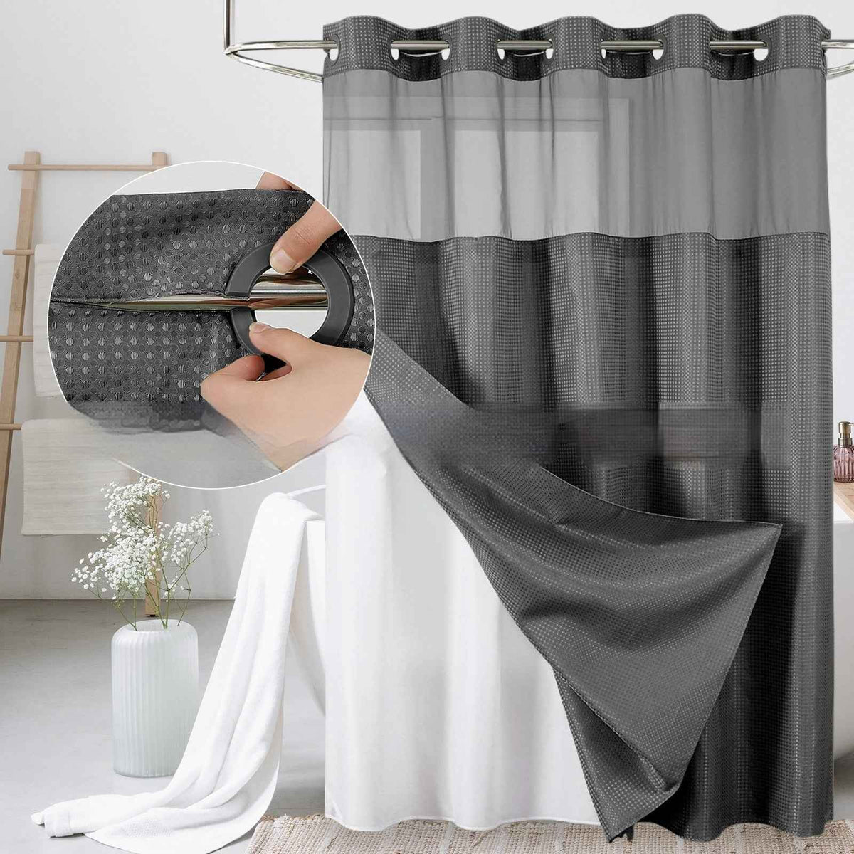 Solid Waffle Weave Shower Curtain - Heavyweight Double Layer Fabric