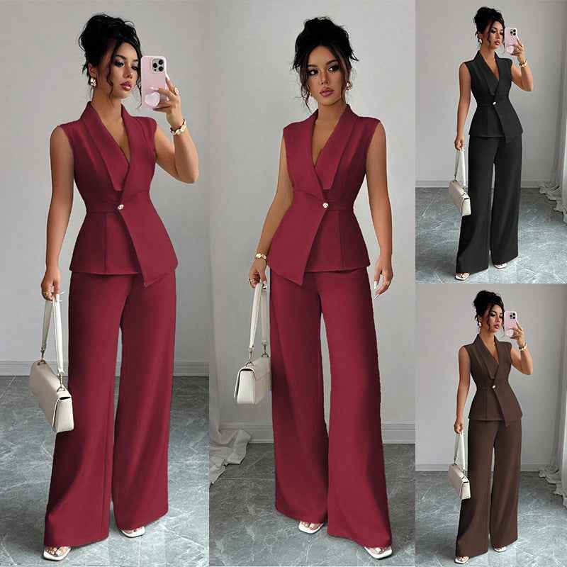 Sleeveless Blazer And Straight-leg Pants Women's Two-piece Set