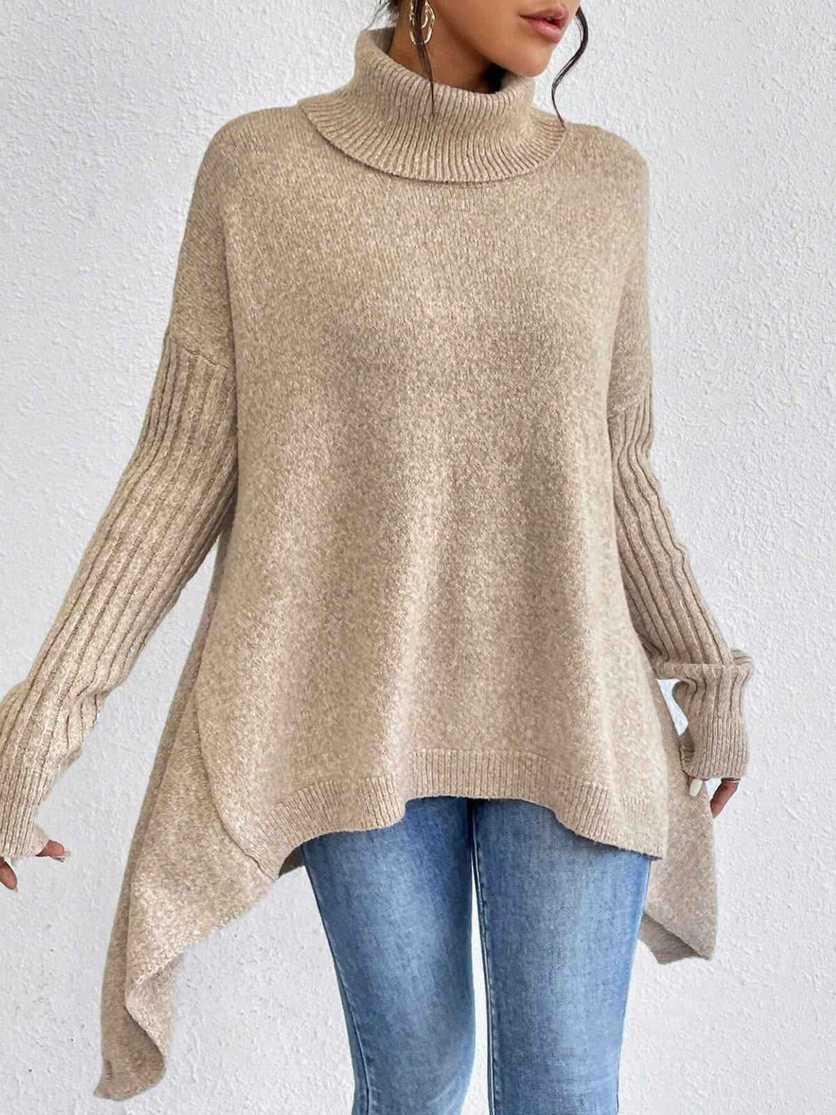 Women's Asymmetrical Turtleneck Loose Knit Pullover – Cozy Long Sleeve Winter Sweater Top