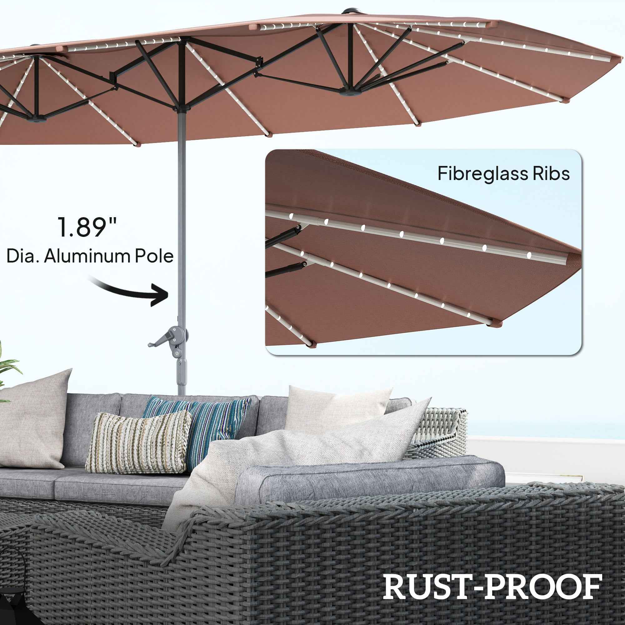 15ft Double-Sided Outdoor Umbrella with Solar Lights, UPF50+ Extra Large Aluminum Patio Umbrella with Crank, Tan