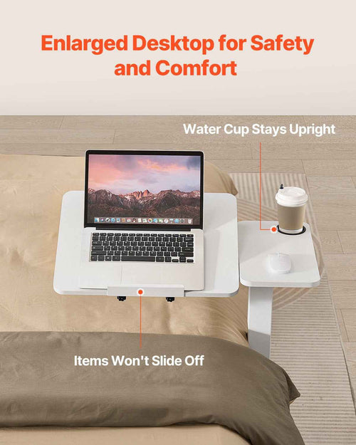 Adjustable Rolling Overbed Table with Flip Desktop, Cup Holder & Hidden Wheels - White