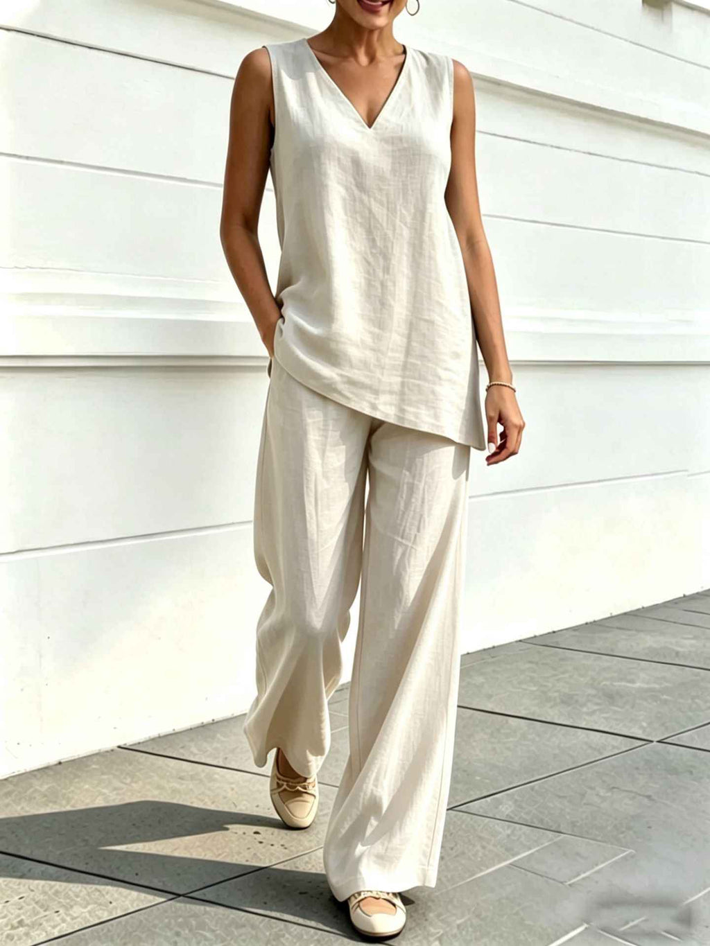 Womens V-neck Sleeveless Cotton-Linen Top And Wide-Leg Pants Set