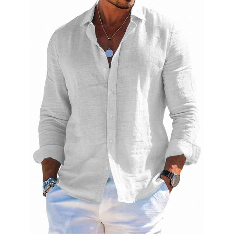 Men's Casual Long Sleeve Button-Down Shirt – Solid Color Loose Fit Lapel