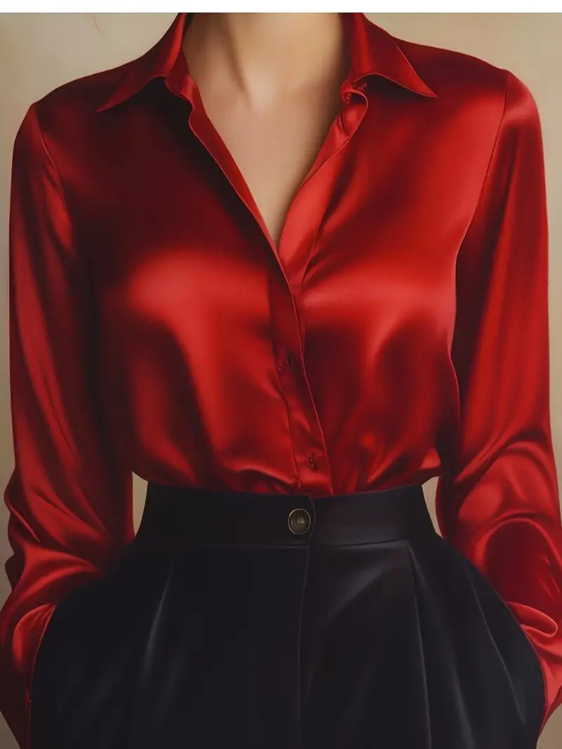 Elegant Satin Long Sleeve Blouse For Women Button-Up Collar Shirt Perfect For Casual Professional Business Work Wear Women's Clothing - Shop NCLC
