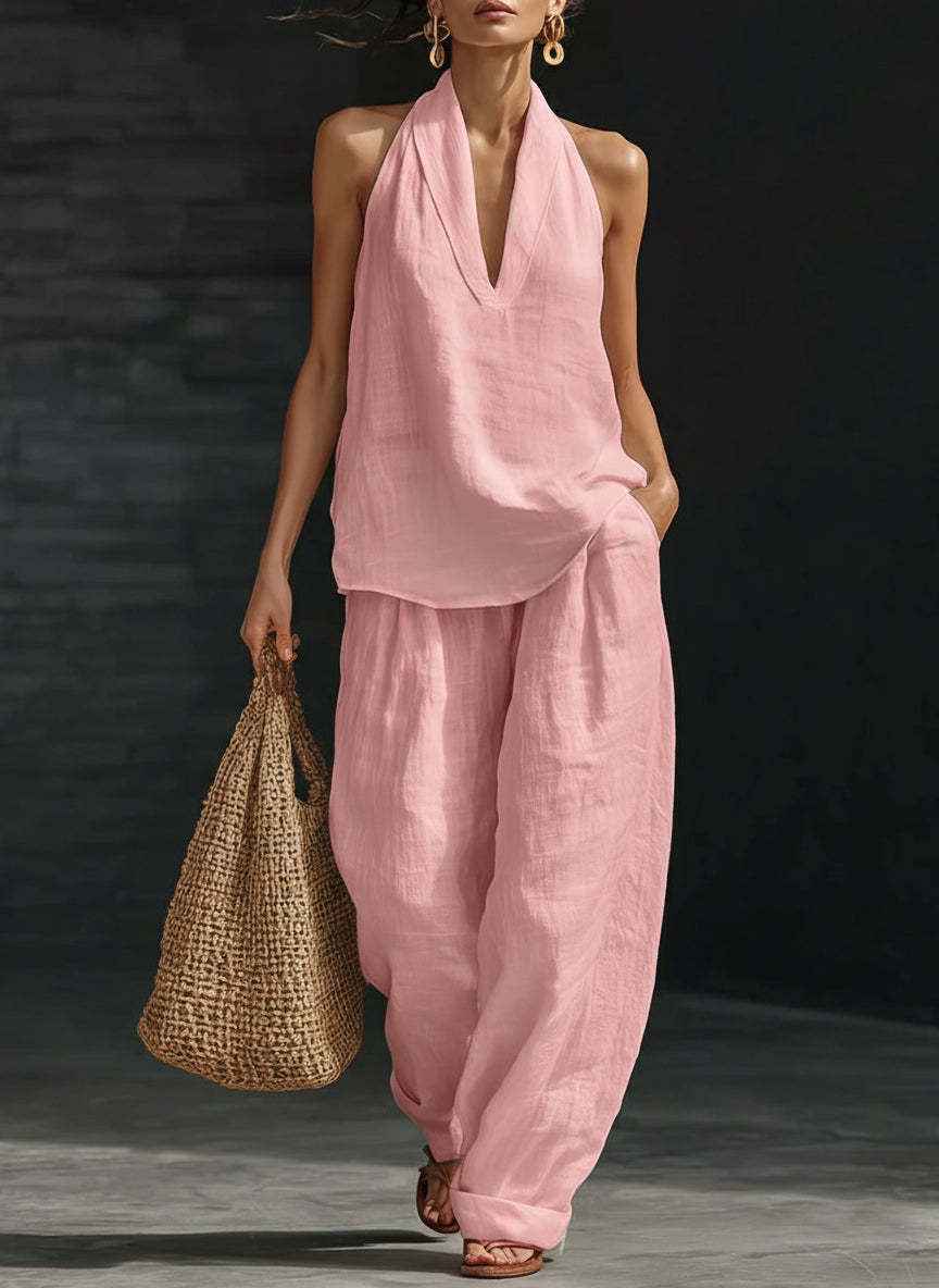 Women's Solid Halter V-Neck Sleeveless Top & Wide Leg Pants Two-Piece Set