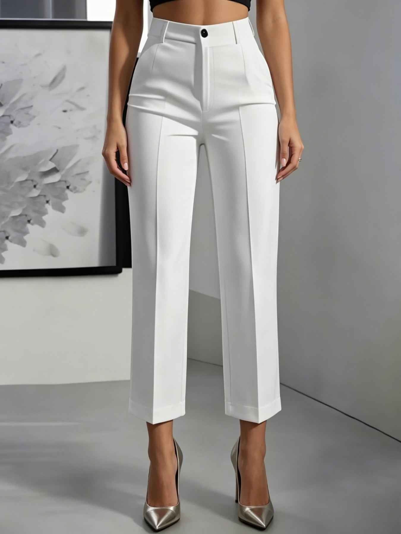Womens Solid-Color High-Waisted Drapey Straight-Leg Minimalist Trousers