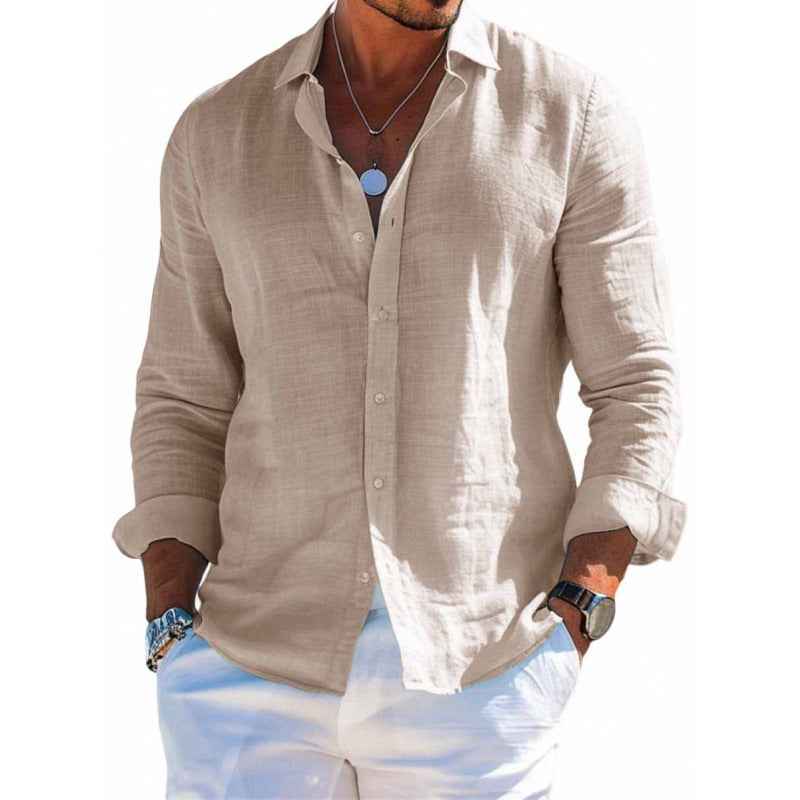 Men's Casual Long Sleeve Button-Down Shirt – Solid Color Loose Fit Lapel
