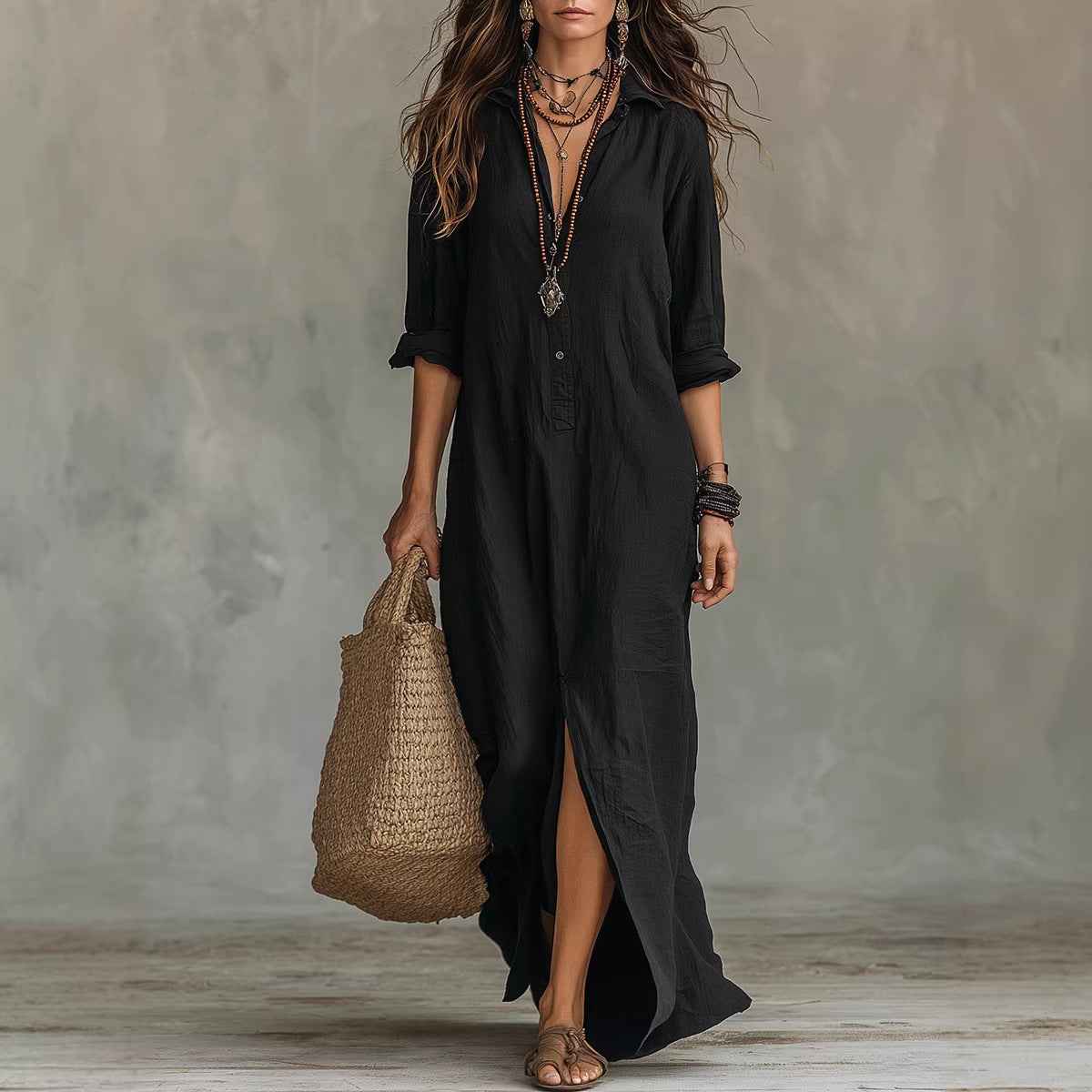 Spring Summer Cross-Border Casual Solid Color Notched Lapel Front Split Long Dress, Trendy Women's Fashion, Comfortable & Stylish